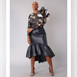 Elegant High-Low Navy Grey Vegan Leather Skirt